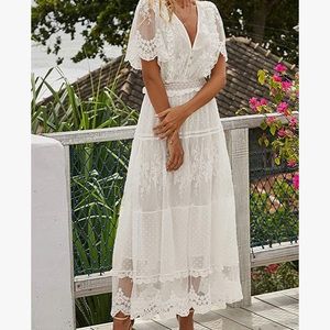 White Boho Floral Lace V Neck Maxi Dress